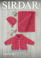 Sirdar 5165 uses Supersoft Aran yarn. Baby girl's jacket, bonnet, and blanket to knit. Sizes birth to 3 years. Uses #4 weight yarn.